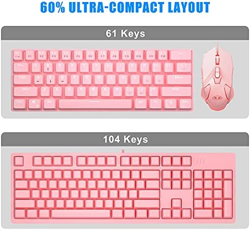 MageGee MK-Mini 60% Mechanical Gaming Keyboard, 61 Keys Compact Blue Switches Gaming Keyboard, Portable USB Type-C Wired Office Keyboard with White LED Backlit for Computer PC Laptop, Pink