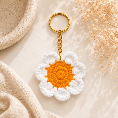 Image of Handmade Crochet Keychain for Women & Girls, Cute Yarn Key Ring, Bag Charm, Car Key Holder & Gift, Aesthetic Handmade Floral Accessory