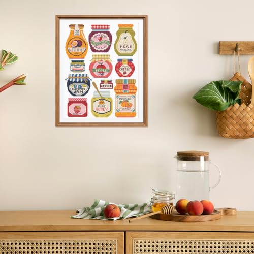 Image of FREEBLOSS 11CT Stamped Cross Stitch Kits Jam Pot Cross Stitch Ornament Kits with Instructions Embroidery Needlepoint Kit for Wall Hanging Home Decor 15.7x19.7inch
