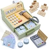 Holz Kaufladen Kasse mit Scanner, Zahlungsterminal, Spielgeld, Rollenspiel Zubehör für Kinder ab 3 Jahren (A)