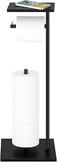 YBING Toilet Paper Holder Stand with Top Storage Shelf Black Toilet Roll Paper Holder Free Standing Tissue Holder Stand Bathroom Standing Toilet Roll Dispenser Storage Wood
