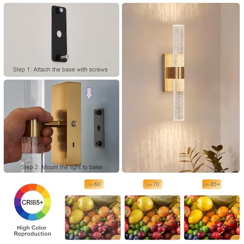 Image of Crystal Battery Operated Wall Sconce, Gold, Set of 2 | Wireless Rechargeable, Remote Control, 3000-6000K, 350 Rotate LED Dimmable, Cordless