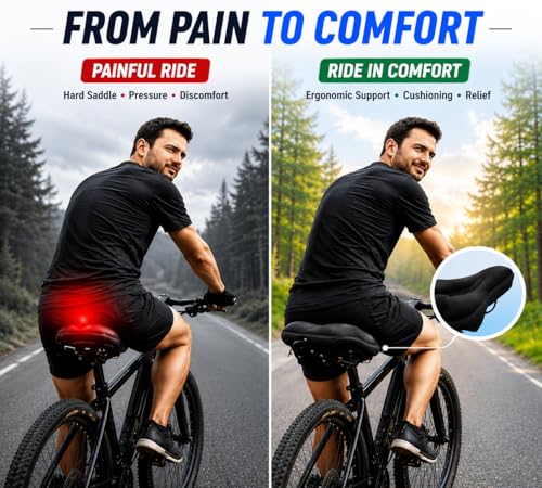 Image of PulGos Cycle Seat Cover for Men & Women | 𝐄𝐱𝐭𝐫𝐚 𝐒𝐨𝐟𝐭 Gel Padded Cushion for 𝐏𝐚𝐢𝐧-𝐅𝐫𝐞𝐞 𝐑𝐢𝐝𝐞𝐬 | Anti-Slip, Breathable 𝐋𝐨𝐧𝐠 Lasting Memory Foam & Universal Fit for All Cycles