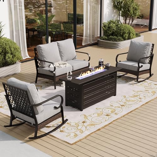 4 Piece Metal Outdoor Patio Furniture Sets with Firepit Table Patio Conversation Sets 1 2 Seater Sofa 2 Rocking Sofa with 575 Cushion Black Backyard Furniture for Deck Light Gray