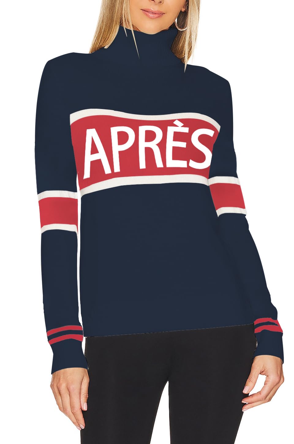 Women Turtleneck Sweaters Stripe Sleeve Colorblock Shirts Apres Ski Tops 2025 Fashion Winter Thermal Outfits