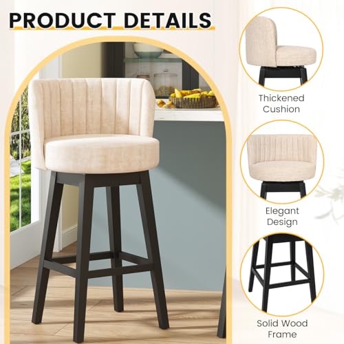 Image of COCO DESIGN Swivel Bar Stools Set of 6, 30 inch Bar Height Mid Century Modern Barstools with Back, Velvet Upholstered Seat and Solid Wood Legs, for Bar Kitchen Island, Cream Beige