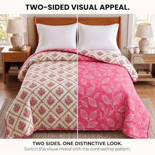 Image of BSB HOME Premium 280 GSM Quilted Comforter, Soft Plush Floral Printed Bedspread, Cozy Warm Reversible Blanket for Bedroom, Elegant Winter Bedding Comforter, 80 x 85 Inches (203 x 215 cm) - Rose Pink
