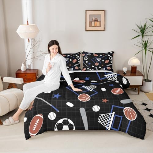 Image of Feelyou Ball Sport Comforter Set Queen Size Basketball Foorball Bedding Set for Kids Boys Girls Black Blue Duvet Quilt Sport Theme Bedroom Decor Microfiber 3 Pcs with 2 Pillow Cases