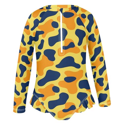 Orange Yellow Cow Girls Long Sleeve Swimsuit Rash Guard One Piece Bathing Suits Zipper 3-12T2