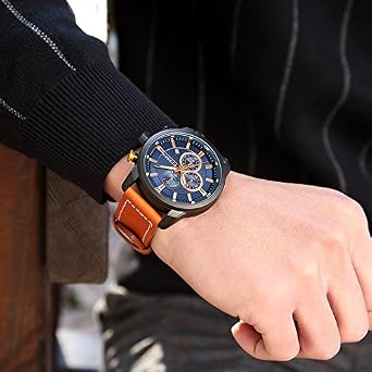 CURREN Mens Water Resistant Sport Chronograph Watches Military Multifunction Leather Quartz Wrist Watches (Black Blue), Black, Chronograph,Quartz Movement