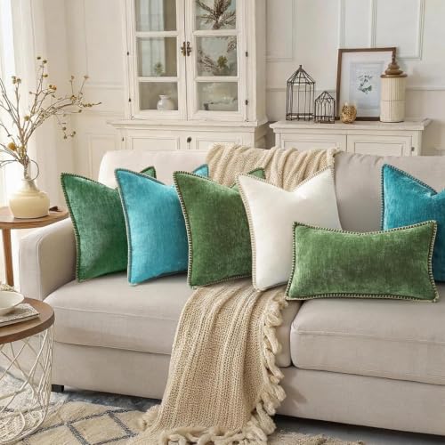 Image of decorUhome Fall Chenille Soft Cozy Throw Pillow Covers 12x12 Set of 2, Modern Farmhouse Boho Velvet Decorative Pillow Cases with Stitched Edge for Couch Sofa Bed Home Decor, Forest Green