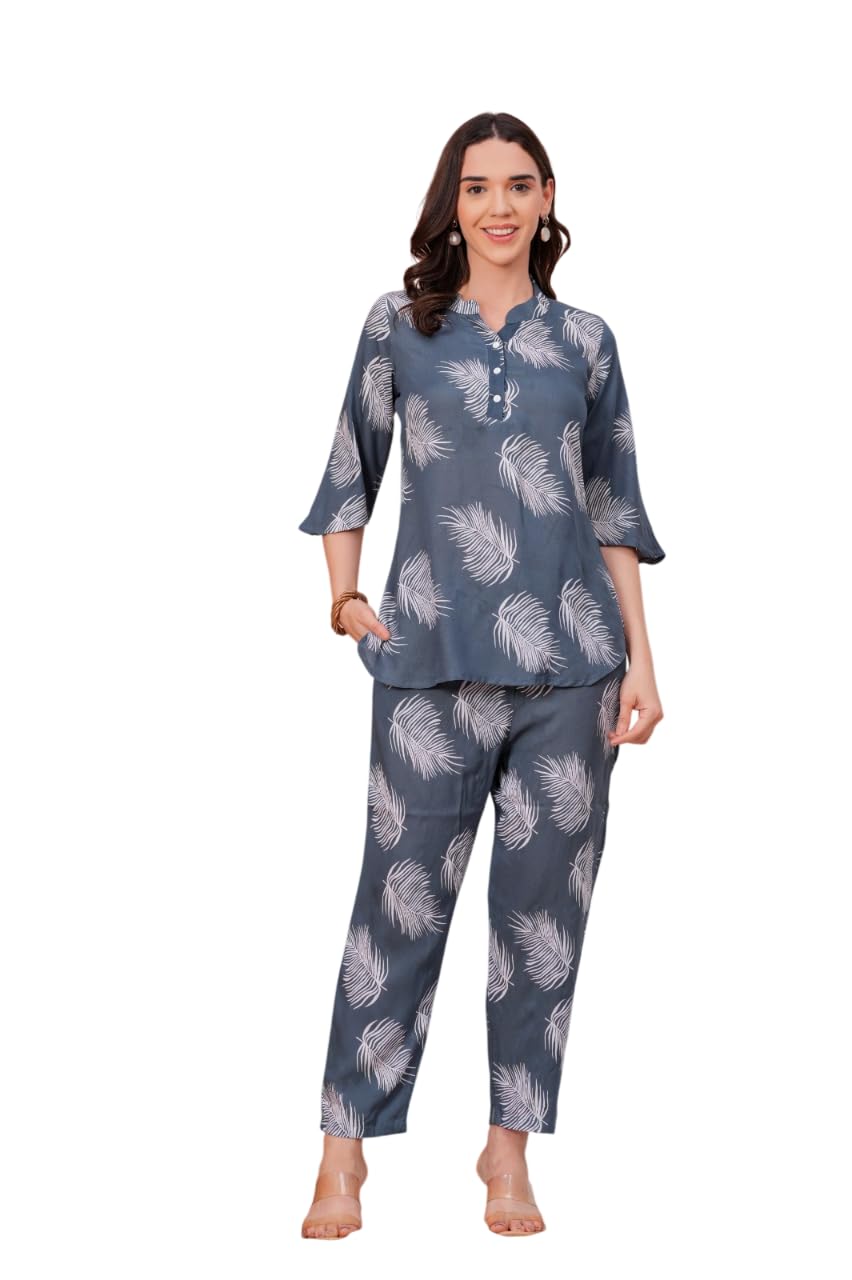 Fairy Creation Women's Feather Print Co-ord Set Top and Pants 3/4 Sleeves Mandarin Neck Grey and Black | Printed Co Ord Set Stylish Casual Wear (IN, Alpha, XL, Regular, Standard, Grey)-image-15
