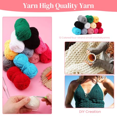 Image of HASTHIP DIY Crochet Hooks Color Yarn Kit with Zipper Bag,Beginners Crochet Kit,Full Sizes Hooks Stainless Steel Multi Color 4-Strand Yarns Rolls & Assorted Essential Tools
