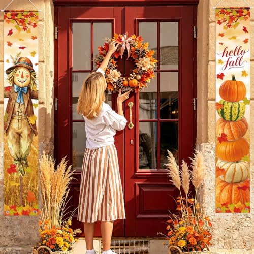 Image of Hello Fall Porch Decor Autumn Harvest Porch Door Banner Hanging Sign