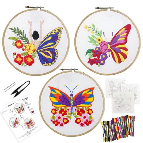 Image of picknMAKE Cross Stitch Embroidery Kit Combo Pack for Beginners & Adults - Includes 3 Unique Designs, Hoop, Printed Fabric, Threads, Needles, Cutter, and Instructions -Craft Hobby, Multicolor