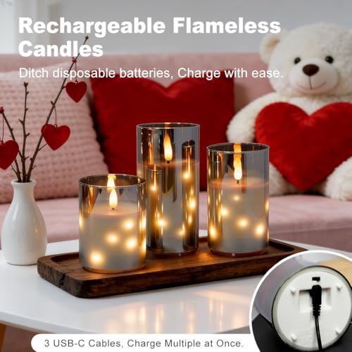 Image of LEDHOLYT Rechargeable Glass LED Flameless Candles, Embedded Star String Flickering Flameless Candles for Romantic Ambiance and Home Decoration with Remote & Timer(Gray)