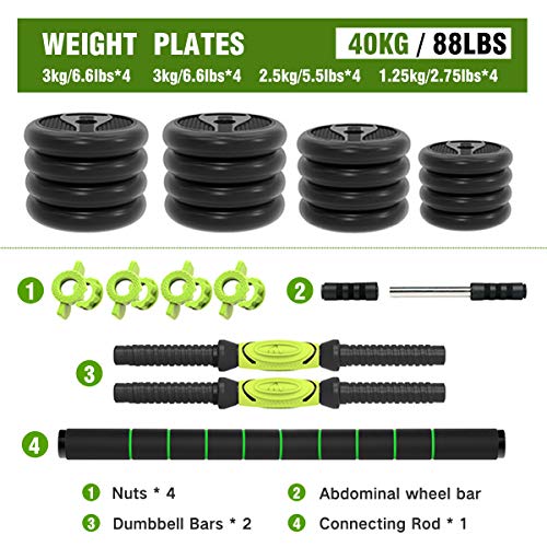 ER KANG 3 in 1 Adjustable Dumbbell Set, 88lbs Free Weights Fitness Dumbbells with Connecting Rod Used As Barbell, Ab Roller Wheel for Home Gym, Workout, Whole Body Training, 2 Pieces, (1 Pair/Set) - Thumbnail 3