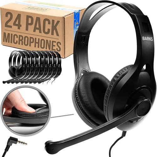 Barks Classroom Headphones With Microphone (24 Pack) - On-Ear Bulk Headphones With Microphone: Best for Students K-12 Schools (Rotating Boom Mic Good Recording Quality Durable Design Easy-to-Clean)
