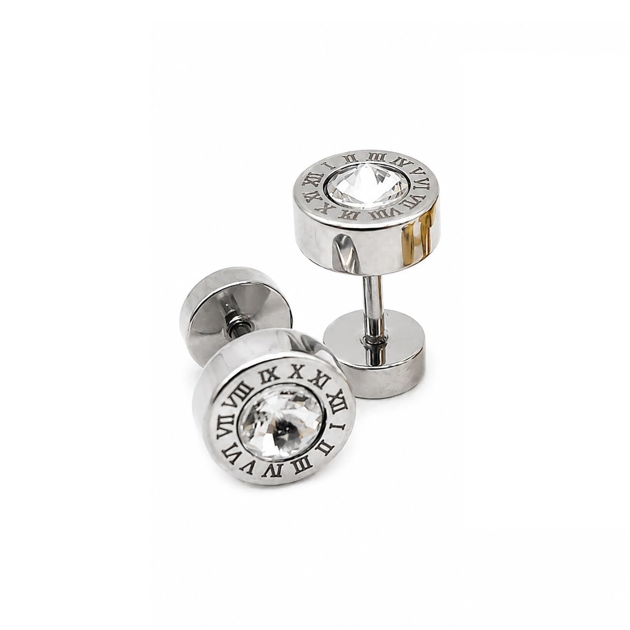1 Set Silver Tone Roman Numeral Round Crystal Earrings With Cubic Zirconia Stone-picture-30