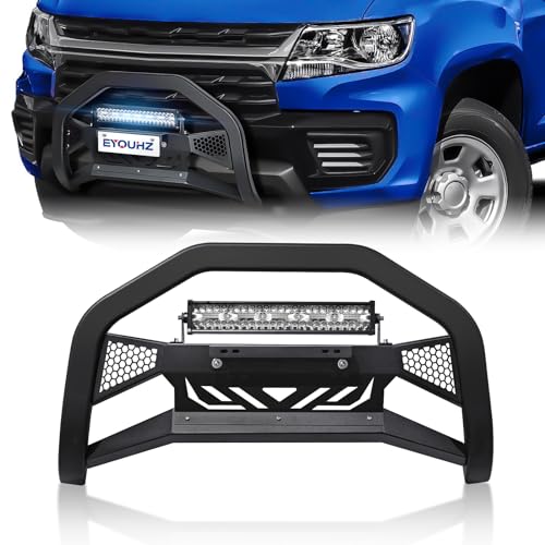 EYOUHZ Bull Bar with LED Light & License Plate Frame Compatible with 2015-2022 Chevy Colorado & GMC Canyon Front Brush Guard, Truck Guard Grille, Bumper Push Bar (Include Light Mount & Skid Plate)