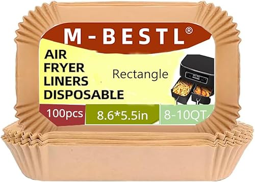 100 forros de papel pergamino para freidora de aire, rectangulares de 8.6 x 5.5 pulgadas, desechables para doble cesta de 6 a 10 cuartos de galón,