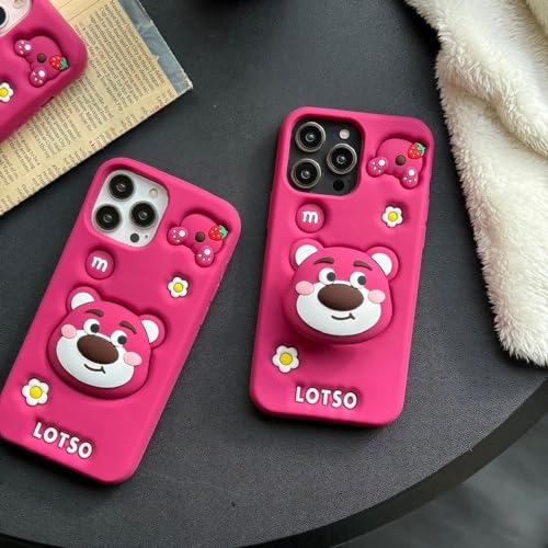Image of COVERLY for iPhone 14 Plus 3D Cartoon LOTSO Bear Case,Full Protective Huggin Strawberry Toy Story Walt Back Case with Holder Cute Soft Silicone Fashion Aesthetic Cover for Apple iPhone 14 Plus