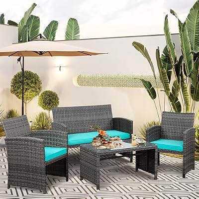 SUNLEI Multi Pieces Outdoor Patio Furniture Sets Conversation Sets Rattan Chair Wicker Set,Glass Table,Outdoor Indoor Use Backyard Porch Garden Poolside (Grey, 4 PCS-Sky Blue Cushion)