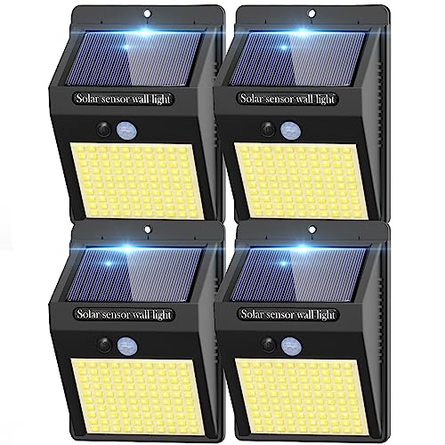 kolpop 4 Pack Solar Motion Lights Outdoor, 3 Modes/100LED Security Wireless IP65 Waterproof Wall Outdoor for Front Door, Backyard, Garage, Deck(Warm White)