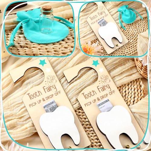 Image of DoubleFill Fairy Tooth Gift Holder Bag Door Hanger Lost Teeth Keepsake Box Tooth Fairy Kit Stores Back to School Gift for Lost Teeth Boy Girl Primary School Classroom Gifts(Classic,Lake Blue)