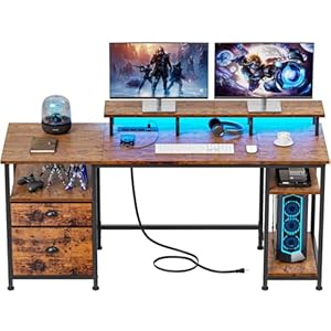 Furologee 61″ Computer Desk with Power Outlet and LED Lights, Desk with Fabric File Cabinet Drawer, Large Reversible Table with Shelves and Monitor Stand, Writing Study Table for Home Office