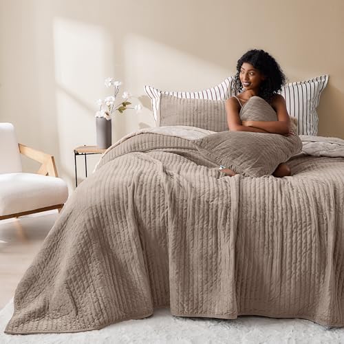 Image of Wonderful Velvet Quilt Set, Queen Light Brown Soft Fluff Texture Coverlet with Shams, Channel Stitched Pattern, All-Season Use, Versatile Lightweight Bedspread for Bedroom Adults Teens Kids,94 inchx94 inch