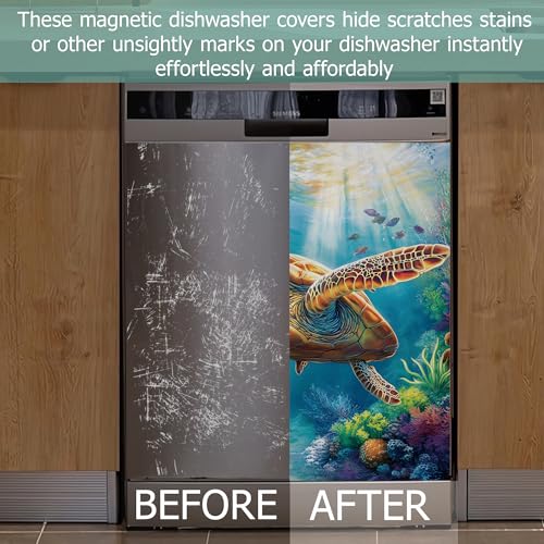 Image of Dishwasher Magnets Decorative Cover,Sea Turtle Refrigerator Magnet Cover,Washable Ocean Coral Dishwasher Front Panel Cover Home Kitchen Decoration 23x26 Inch