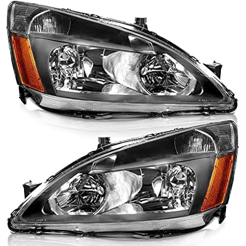 WEELMOTO Headlight Assembly for 2003-2007 Honda Accord, OE Headlamp Replacement, Black Housing, Amber Reflector, Left+Right 2/4-Door Cover