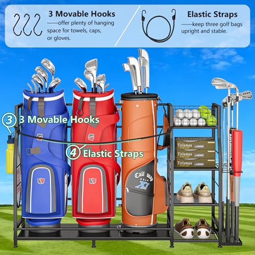 Golf-Bag-Stand-for-Golf-Bag-Accessories-Golf-Bag-Storage-Organizer-Fits-3-Bags-for-Garage-Organization-Golf-Organizer-with-Extra-Storage-Rack-for-Golf-Clubs-Golf-Essentials-Golf-Gifts-for-Men