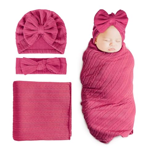 Image of DRESHOW BQUBO Newborn Receiving Blanket Toddler Warm for Girls with Bow Hat and Bow Headband Shower Gift