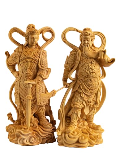 木彫彫刻 ツゲ 柘植 高さ11cm 韋駄天立像 関羽立像 彫刻 韋駄天像 関羽像 風水置物 菩薩像 守護神 仏壇仏像 祈る 厄除け (韋駄天関羽)