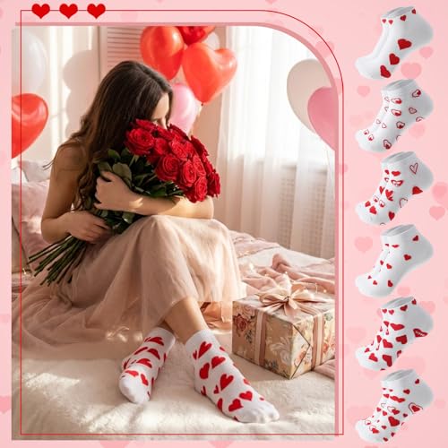 Image of Short Valentine Heart Socks for Women, Red Pink White Heart Ankle Crew Low Cut Galentines Socks Bulk for Women