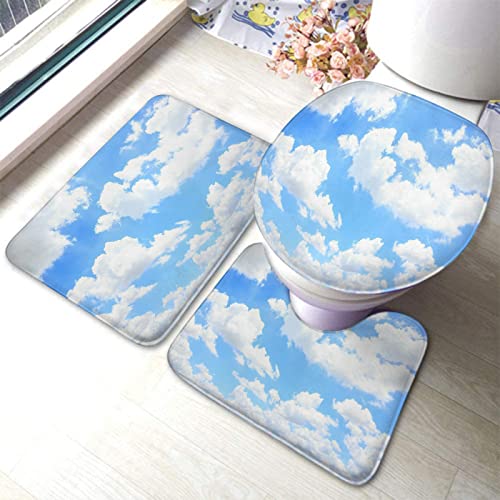 Badezimmerteppich-Set, 3-teilig, Wolke mit blauem Himmel, natürlicher Hintergrund, waschbare Badeteppiche, rutschfest, mit Rückenpolster, Konturteppich und Toilettendeckelbezug