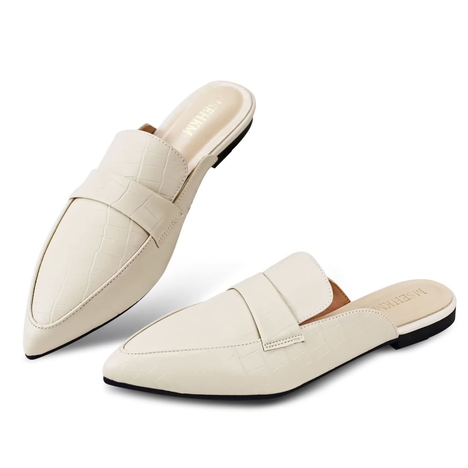 MSEHKM Women's Mules Flats- Classic Pointed Toe Design with Comfortable Fit for Everyday Wear- Penny/Leather Slippers Loafers Embossing Beige 8