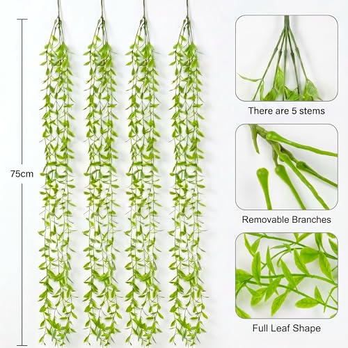 Image of Dekorly 75CM Artificial RainFlow Ivy Hanging Vines (Pack of 4) | Lush Green Cascading Creeper for Home & Balcony Decor (4, Rainflow lvy Vines)