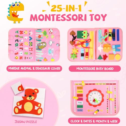 Image of Toddler Busy Board, Montessori Sensory Toys for Boys, 1-4 Year Old Girl Toddler Travel Toys, Educational Learning Activities Board for Motor Skills, Birthday Gifts for Airplane Car, Pink