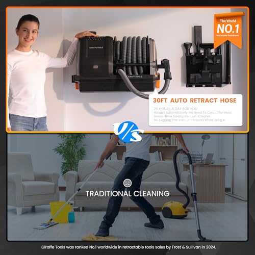 Image of Giraffe Tools Grandstorm Wet Dry Vacuum Cleaner with 6 Nozzles, 30 FT Retractable Hose Wall Mounted Vacuum Cleaner for Car Detailing, Grey（No Remote Control Funtion）