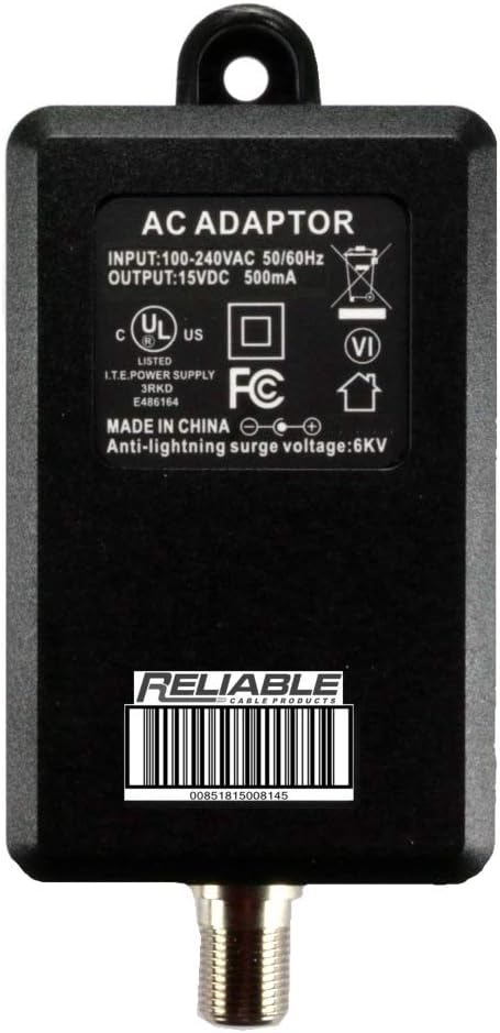 Reliable Cable Products Power Supply, High Efficiency OEM Replacement Wall Mount Adapter for CATV Drop Amplifiers 15V 500mA (0.5A) with F-Type Connection, DoE Level VI Rated