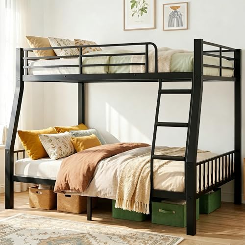 Mixcous Full XL Over Queen Bunk Bed for Adults Heavy Duty Metal Queen Bunk Bed Frame with Reinforced Steel Slats Full-Length Guardrails & Anti-Slip Ladder Noise-Free No Box Spring Needed Black
