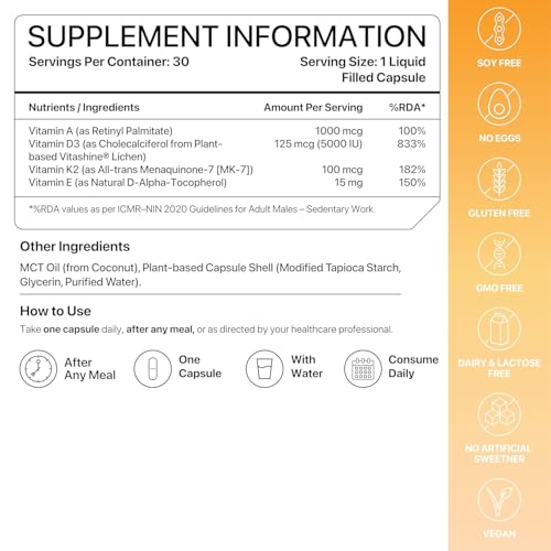 Image of Decode Age DAKE 5000 IU | Vitamin D3 K2 Supplement with Vitamins E & A in MCT Oil for Bone, Immune, Heart and Vision Support | Vegan Capsules | 30 Vegan Capsules