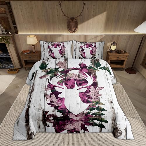 Image of Feelyou Kids Queen Size Pink Camo Deer Bedding Set - Boys Girls Deer Antlers Army Camouflage Comforter Western Duvet Insert with 2 Pillow Case