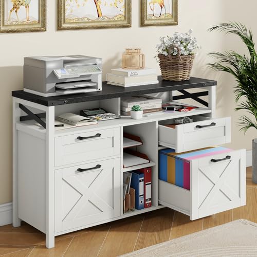 Halitaa Farmhouse File Cabinets 4 Drawer with Adjustable Shelf, Filing Organization Storage Cabinets with Open Storage Shelf for Home Office,Lateral Filing Cabinet for Hanging Files Letter/A4.Black