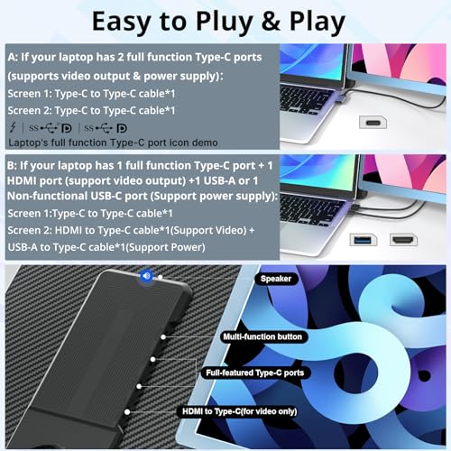 Image of Laptop Screen Monitor Extender, Wider 1080P FHD Portable Monitor for Laptop, Built-in Speaker and Adjustable Backstand, Triple Screen Extender Compatible with Wins /MacOS /Chrome