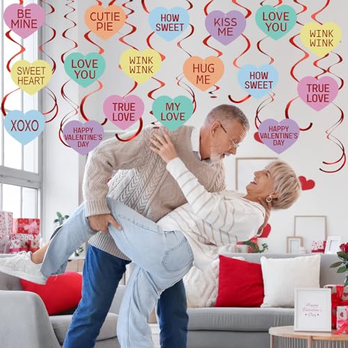 Image of 72 Pcs Valentine's Day Hanging Swirls Decorations Be Mine Love Conversation Valentine Party Decoration Ceiling Decorations Foil Swirls for Home Office Party Favors Supplies