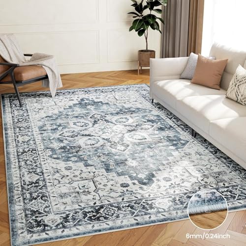AMADA HOMEFURNISHING 6x9 Area Rugs, Blue Low-Profile Washable Rug with Non-Slip Backing & Durable Edge Binding, Vintage Rugs for Living Room, Bedroom, Dinning Room